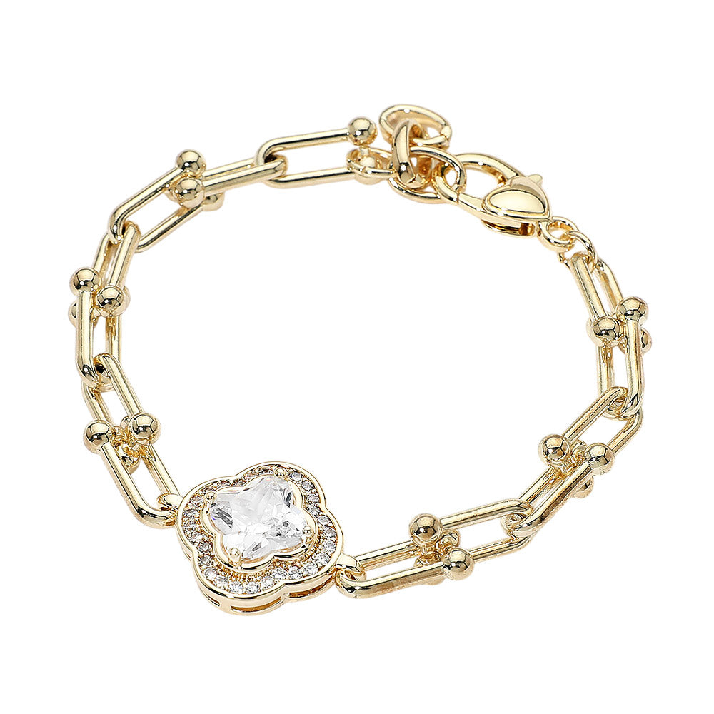 14K Gold Plated Quatrefoil CZ Charm Accent Industrial Link Bracelet