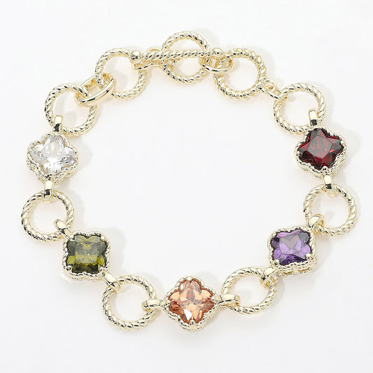 14K Gold Plated Multi-Color CZ Quatrefoil Textured Ring Link Toggle Bracelet