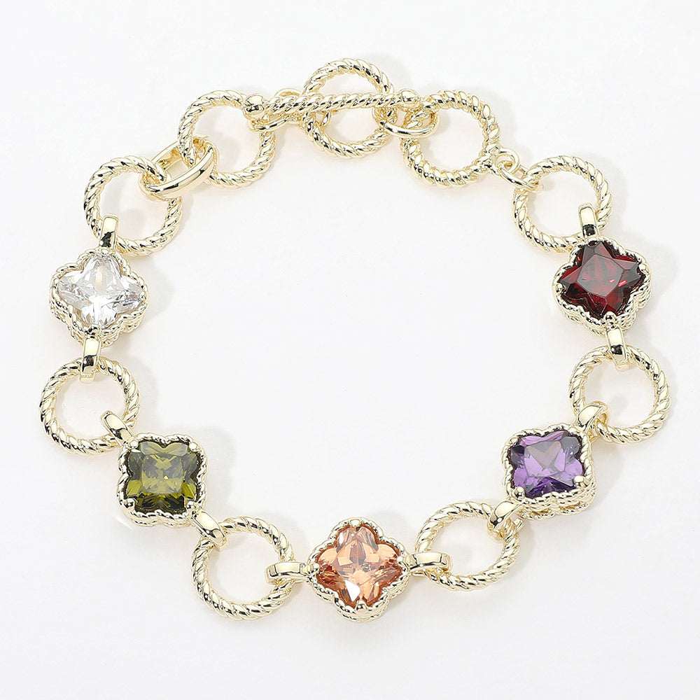 14K Gold Plated Multi-Color CZ Quatrefoil Textured Ring Link Toggle Bracelet M H W ACCESSORIES LLC 14K Gold Plated Multi-Color CZ Quatrefoil Textured Ring Link Toggle Bracelet
