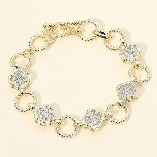 14K Gold Plated CZ Pave Quatrefoil Textured Ring Link Toggle Bracelet M H W ACCESSORIES LLC 14K Gold Plated CZ Pave Quatrefoil Textured Ring Link Toggle Bracelet