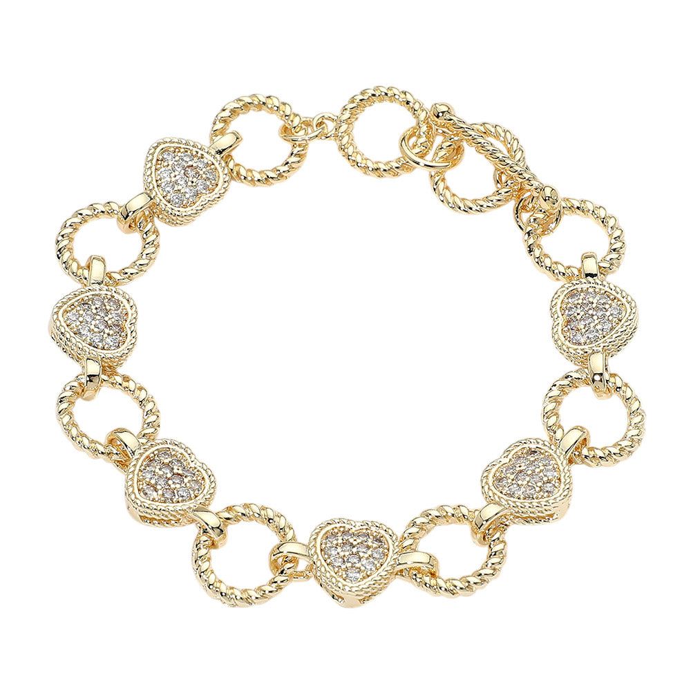 14K Gold Plated CZ Heart Charm Link Toggle Bracelet