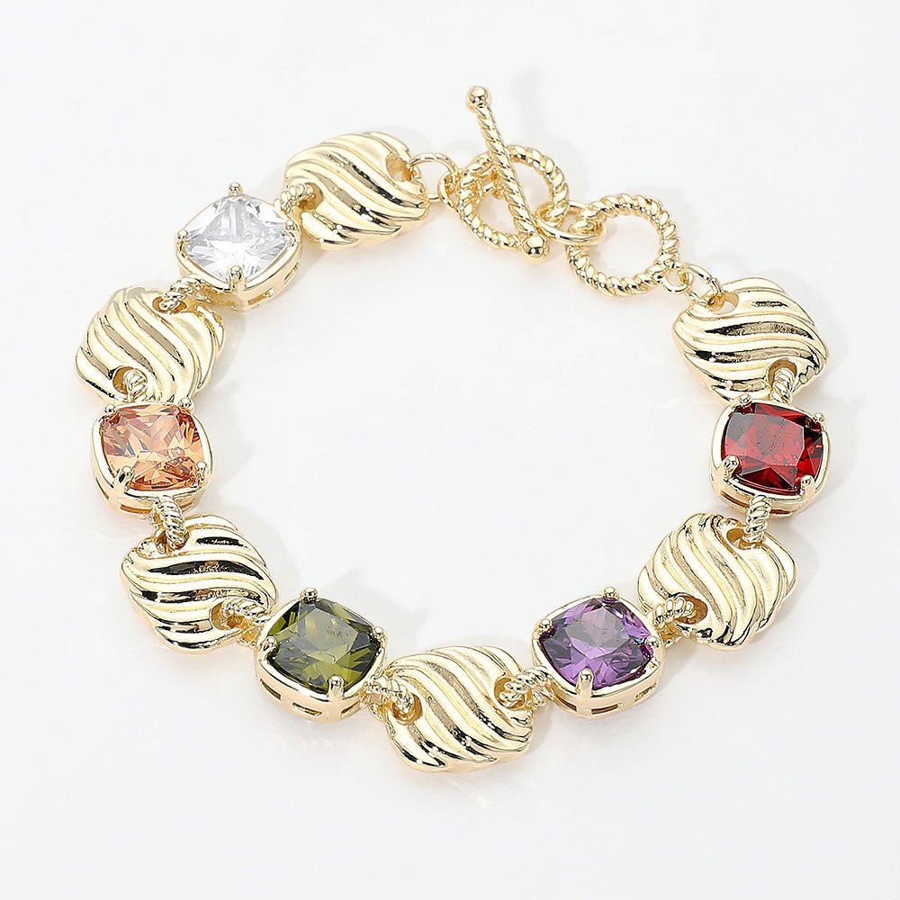 14K Gold Plated Multicolor Square CZ Cluster Textured Plate Link Toggle Bracelet M H W ACCESSORIES LLC 14K Gold Plated Multicolor Square CZ Cluster Textured Plate Link Toggle Bracelet