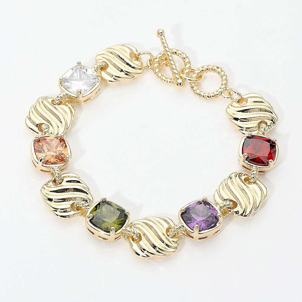 14K Gold Plated Multicolor Square CZ Cluster Textured Plate Link Toggle Bracelet M H W ACCESSORIES LLC 14K Gold Plated Multicolor Square CZ Cluster Textured Plate Link Toggle Bracelet