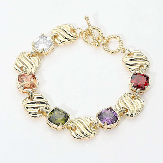 14K Gold Plated Multicolor Square CZ Cluster Textured Plate Link Toggle Bracelet M H W ACCESSORIES LLC 14K Gold Plated Multicolor Square CZ Cluster Textured Plate Link Toggle Bracelet