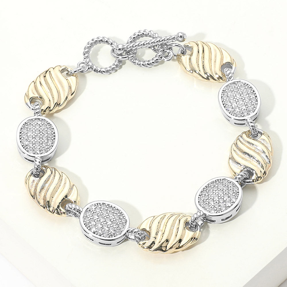 Two Tone 14K Gold Plated CZ Pave Alternating Round Disc and Oval Link Statement Bracelet M H W ACCESSORIES LLC Two Tone 14K Gold Plated CZ Pave Alternating Round Disc and Oval Link Statement Bracelet
