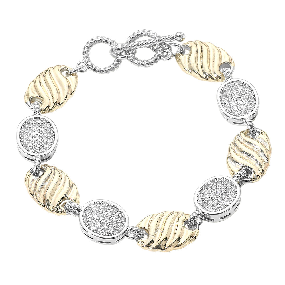 Two Tone 14K Gold Plated CZ Pave Alternating Round Disc and Oval Link Statement Bracelet M H W ACCESSORIES LLC Two Tone 14K Gold Plated CZ Pave Alternating Round Disc and Oval Link Statement Bracelet