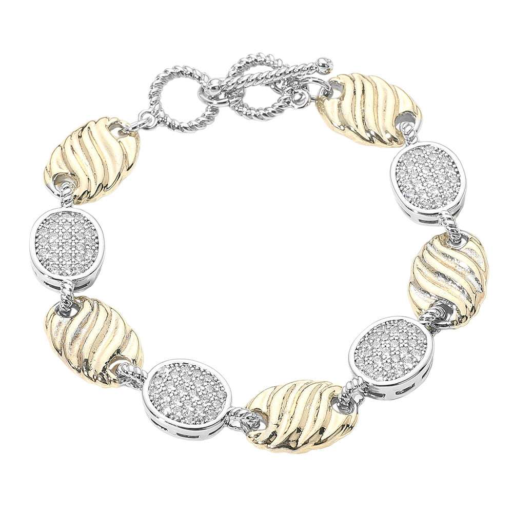 Two Tone 14K Gold Plated CZ Pave Alternating Round Disc and Oval Link Statement Bracelet M H W ACCESSORIES LLC Two Tone 14K Gold Plated CZ Pave Alternating Round Disc and Oval Link Statement Bracelet