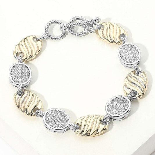 Two Tone 14K Gold Plated CZ Pave Alternating Round Disc and Oval Link Statement Bracelet M H W ACCESSORIES LLC Two Tone 14K Gold Plated CZ Pave Alternating Round Disc and Oval Link Statement Bracelet
