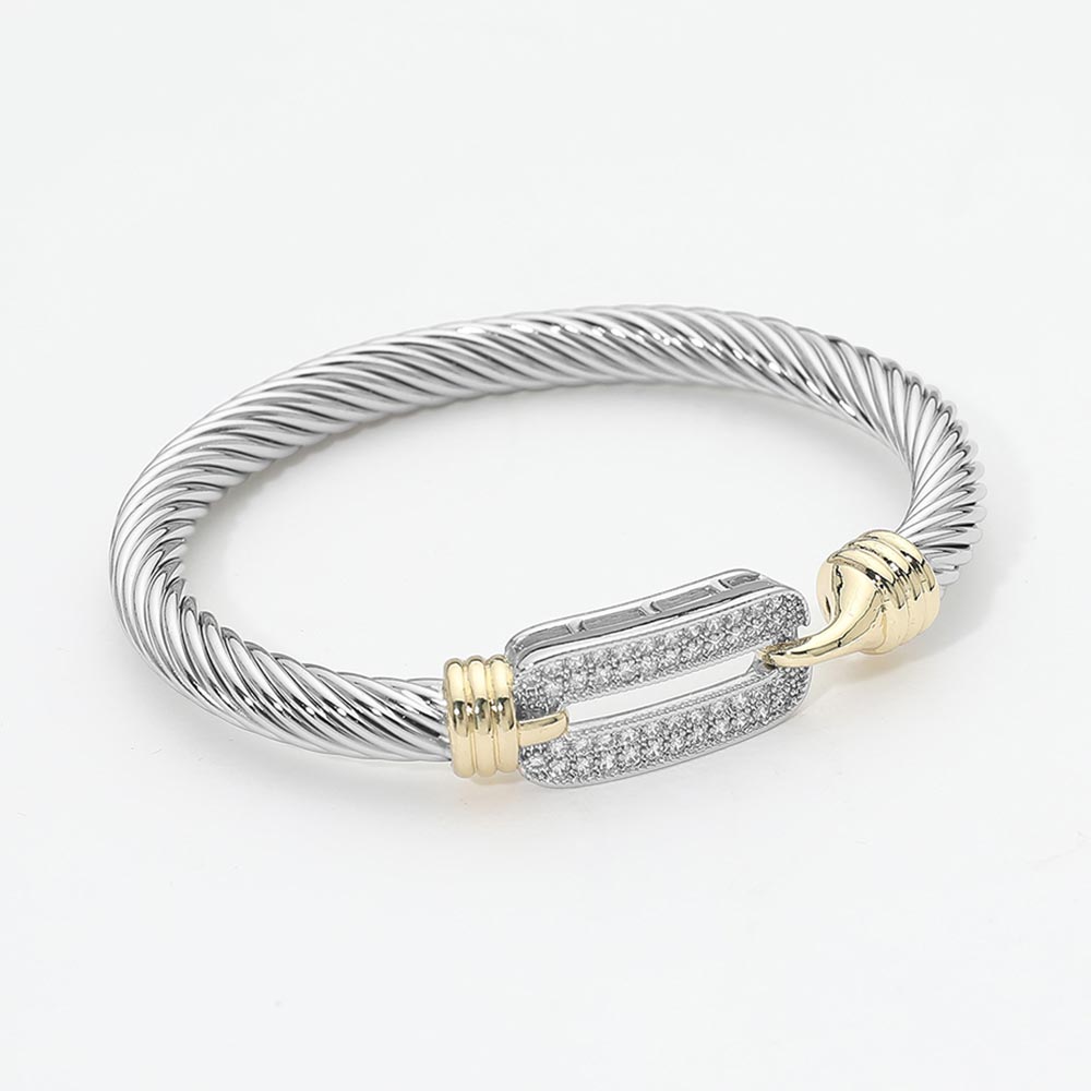 14K Gold Plated Two Tone CZ Pave Clasp Accent Twisted Cable Bangle Bracelet M H W ACCESSORIES LLC 14K Gold Plated Two Tone CZ Pave Clasp Accent Twisted Cable Bangle Bracelet