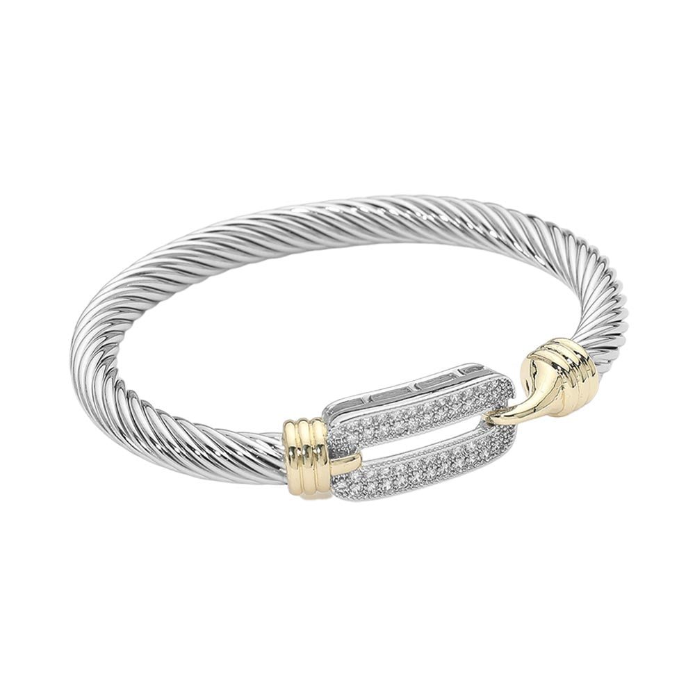 14K Gold Plated Two Tone CZ Pave Clasp Accent Twisted Cable Bangle Bracelet M H W ACCESSORIES LLC 14K Gold Plated Two Tone CZ Pave Clasp Accent Twisted Cable Bangle Bracelet