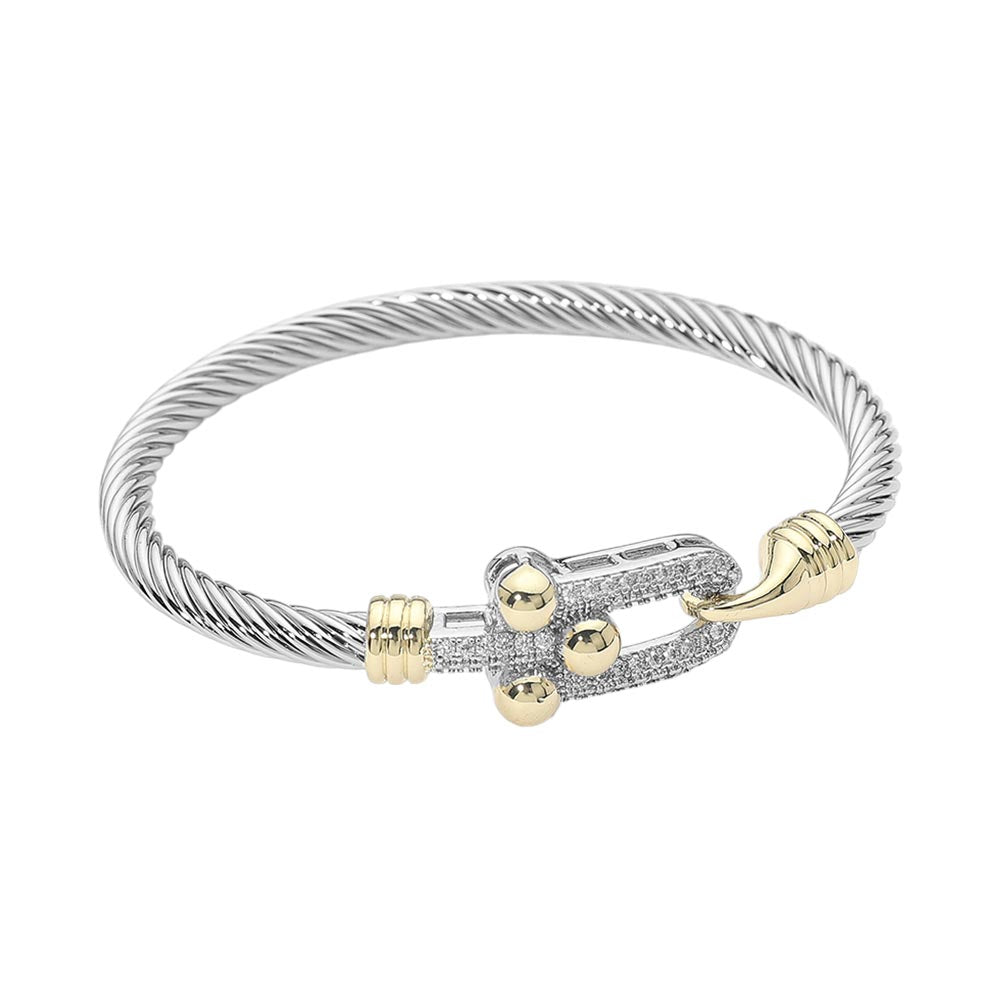 14K Gold Plated Two Tone CZ Pave Clasp Accent Twisted Cable Bangle Bracelet M H W ACCESSORIES LLC 14K Gold Plated Two Tone CZ Pave Clasp Accent Twisted Cable Bangle Bracelet