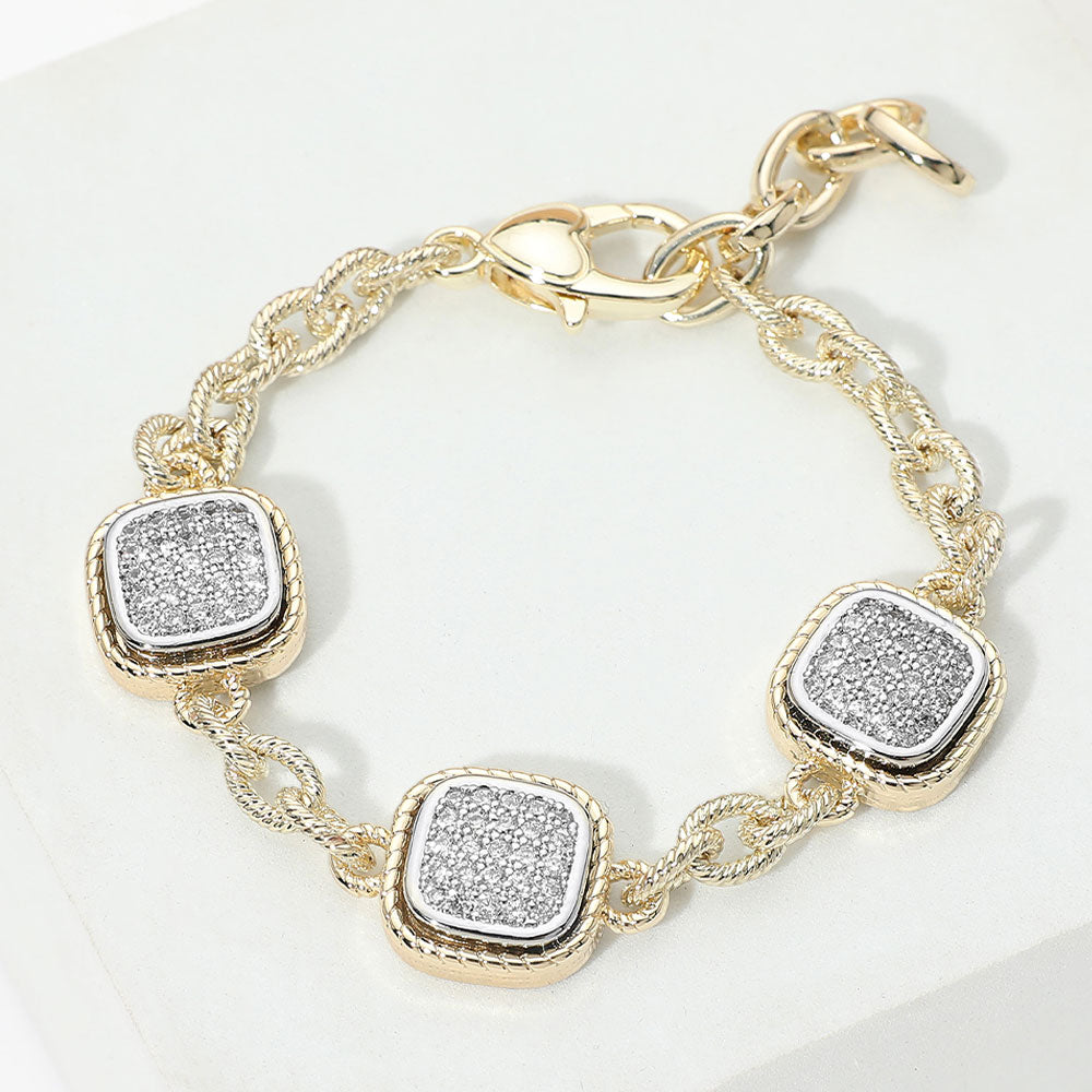 14K Gold Plated Two Tone CZ Pave Square Charm Link Bracelet M H W ACCESSORIES LLC 14K Gold Plated Two Tone CZ Pave Square Charm Link Bracelet