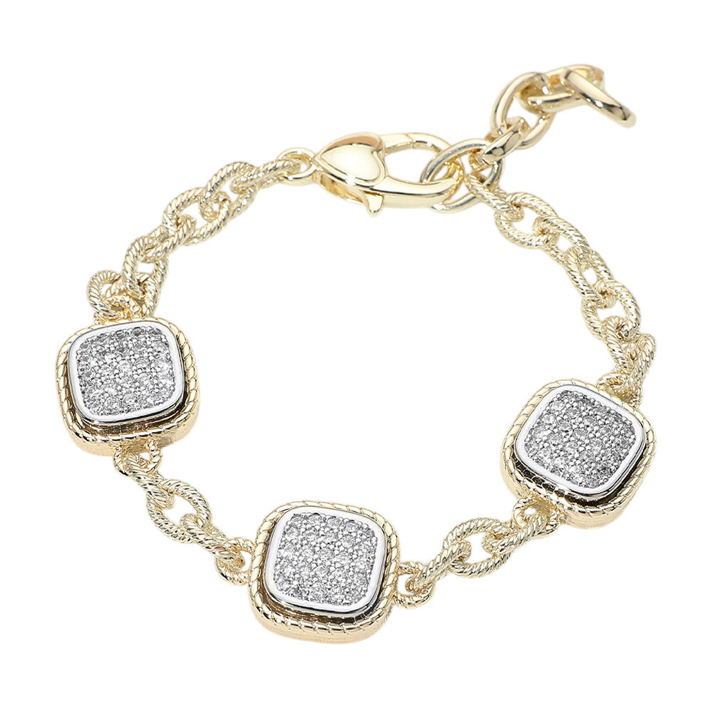 14K Gold Plated Two Tone CZ Pave Square Charm Link Bracelet M H W ACCESSORIES LLC 14K Gold Plated Two Tone CZ Pave Square Charm Link Bracelet