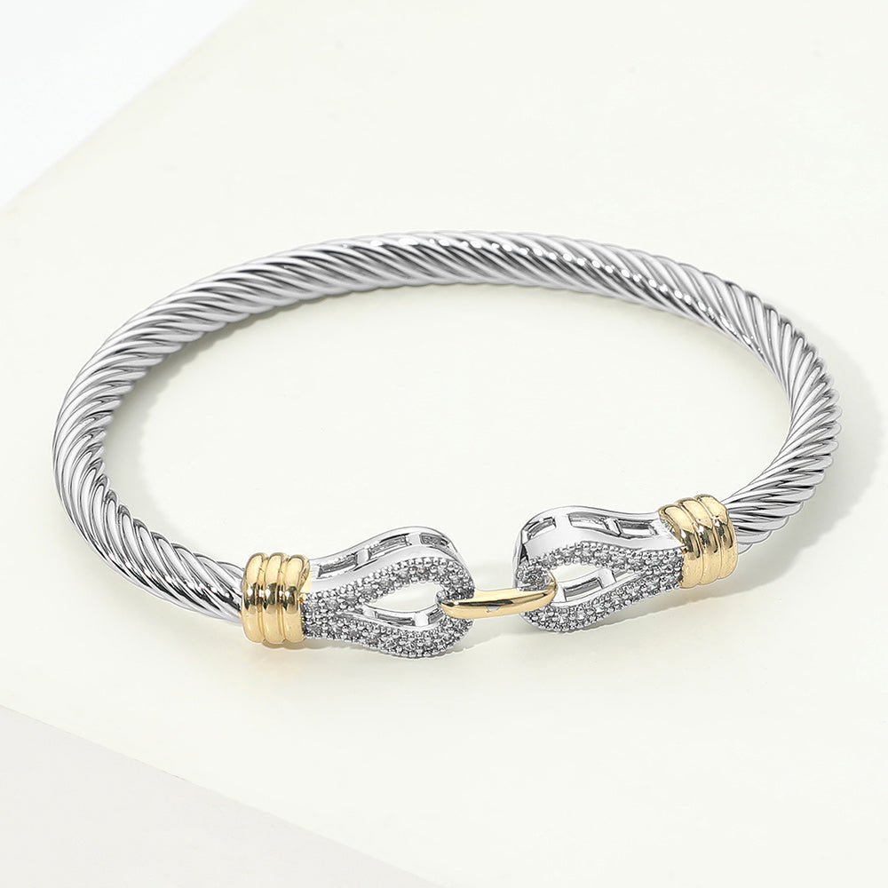 14K Gold Plated Two Tone CZ Pave Twisted Cable Bangle Bracelet M H W ACCESSORIES LLC 14K Gold Plated Two Tone CZ Pave Twisted Cable Bangle Bracelet