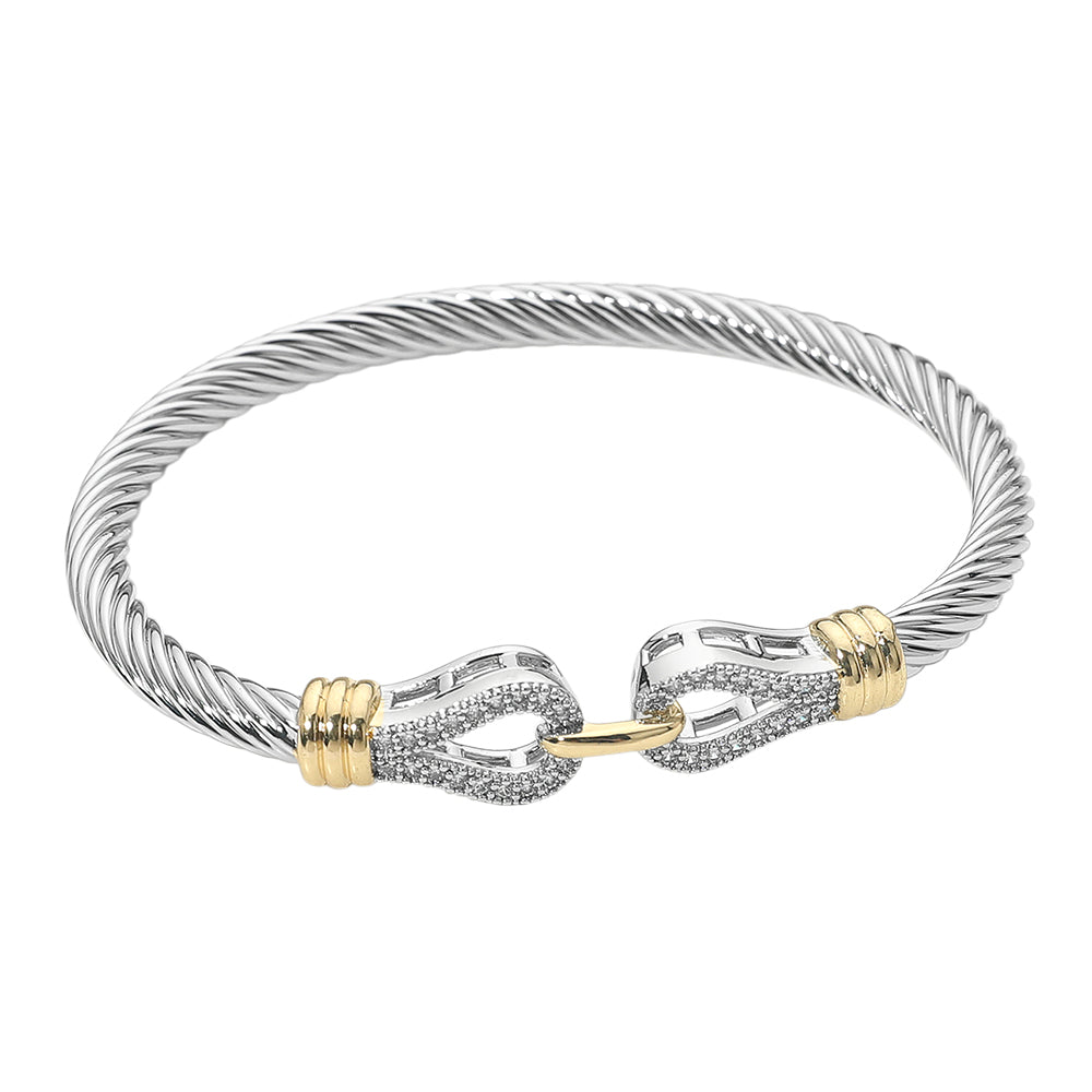 14K Gold Plated Two Tone CZ Pave Twisted Cable Bangle Bracelet M H W ACCESSORIES LLC 14K Gold Plated Two Tone CZ Pave Twisted Cable Bangle Bracelet