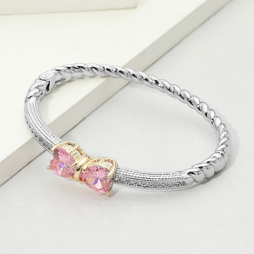 14K Gold Plated CZ Pave Rose Bow Twisted Cable Hinged Bangle Bracelet M H W ACCESSORIES LLC 14K Gold Plated CZ Pave Rose Bow Twisted Cable Hinged Bangle Bracelet