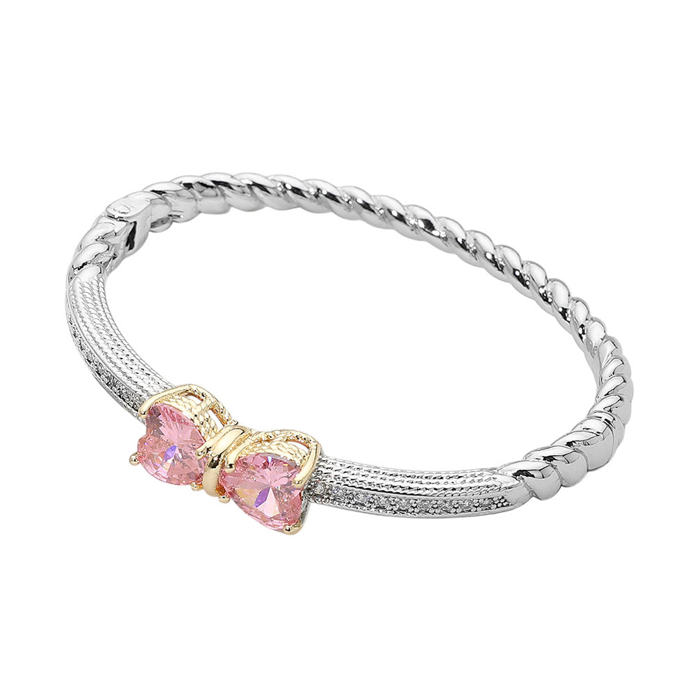 14K Gold Plated CZ Pave Rose Bow Twisted Cable Hinged Bangle Bracelet M H W ACCESSORIES LLC 14K Gold Plated CZ Pave Rose Bow Twisted Cable Hinged Bangle Bracelet