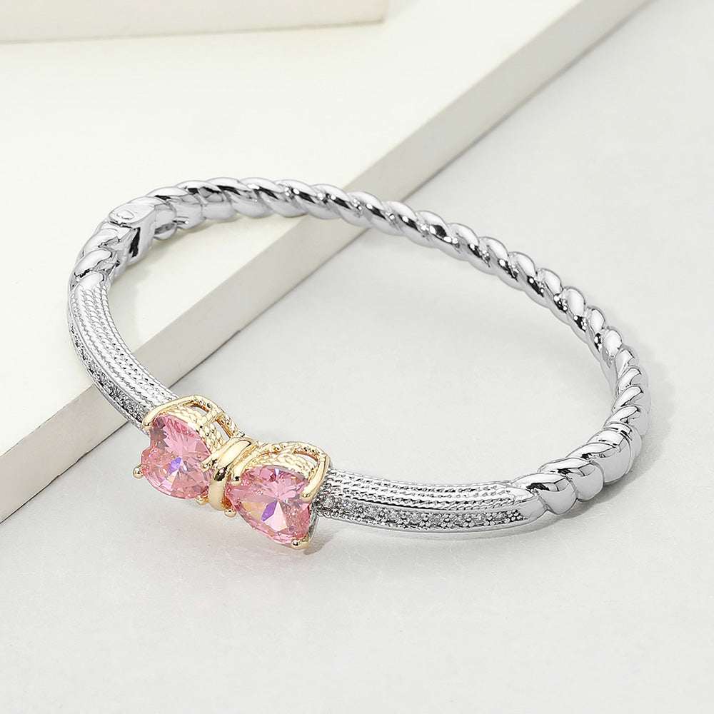 14K Gold Plated CZ Pave Rose Bow Twisted Cable Hinged Bangle Bracelet M H W ACCESSORIES LLC 14K Gold Plated CZ Pave Rose Bow Twisted Cable Hinged Bangle Bracelet