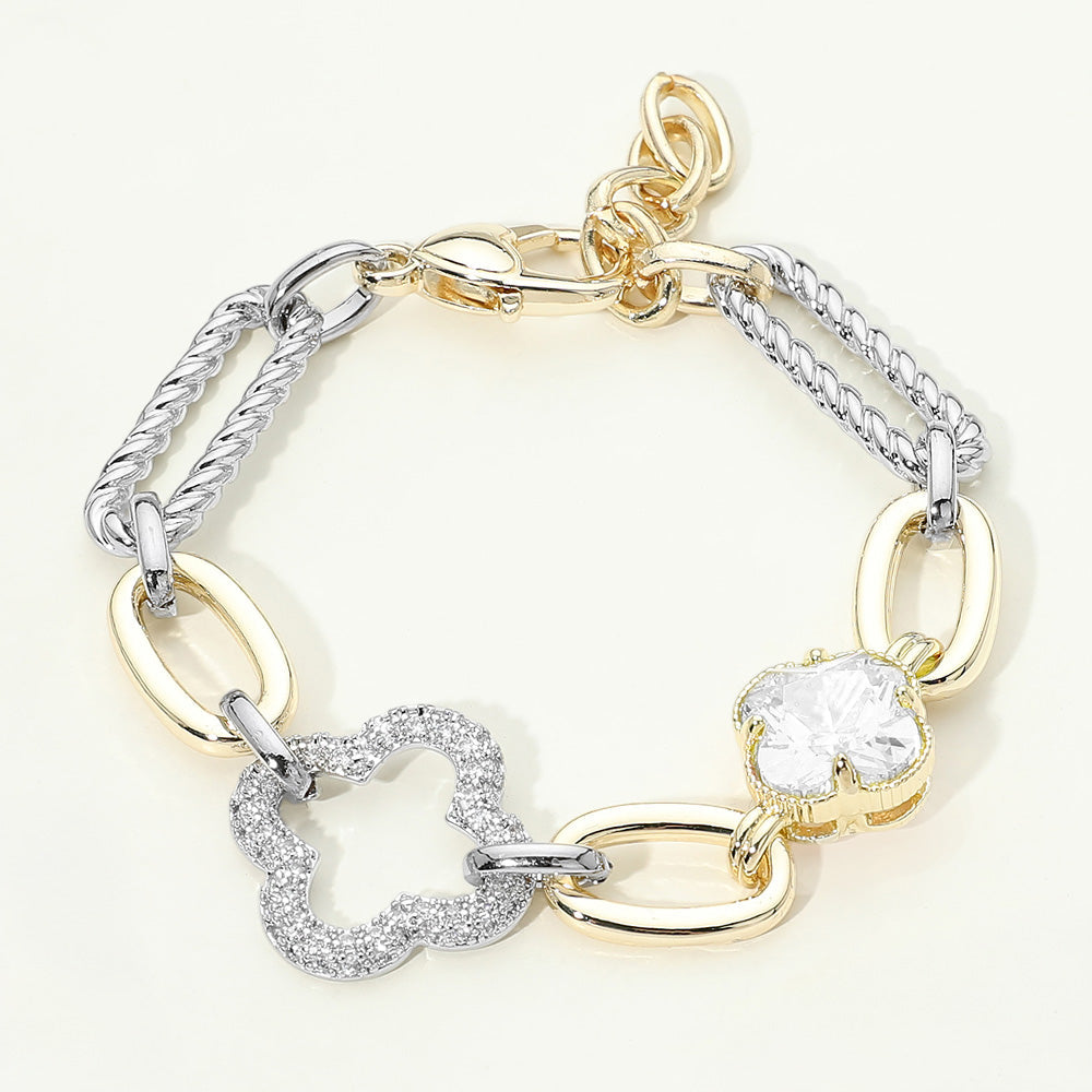14K Gold Plated  CZ Pave Clover Accent Mixed Link Statement Bracelet M H W ACCESSORIES LLC 14K Gold Plated  CZ Pave Clover Accent Mixed Link Statement Bracelet