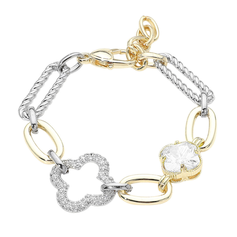 14K Gold Plated  CZ Pave Clover Accent Mixed Link Statement Bracelet M H W ACCESSORIES LLC 14K Gold Plated  CZ Pave Clover Accent Mixed Link Statement Bracelet