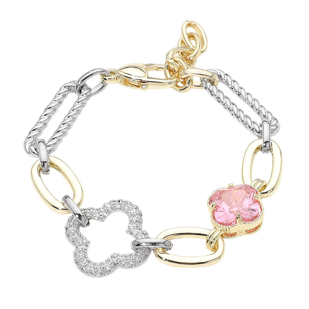 14K Gold Plated Rose CZ Pave Clover Accent Mixed Link Statement Bracelet M H W ACCESSORIES LLC 14K Gold Plated Rose CZ Pave Clover Accent Mixed Link Statement Bracelet