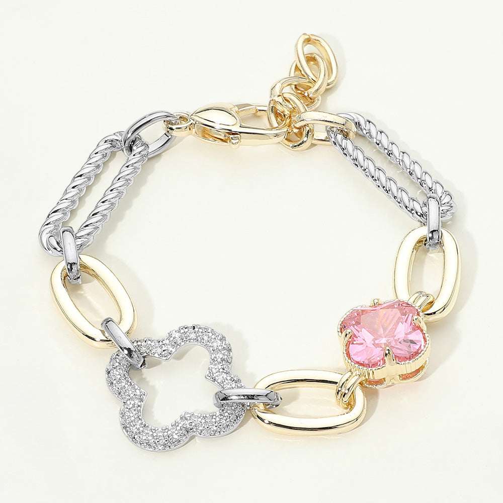 14K Gold Plated Rose CZ Pave Clover Accent Mixed Link Statement Bracelet M H W ACCESSORIES LLC 14K Gold Plated Rose CZ Pave Clover Accent Mixed Link Statement Bracelet