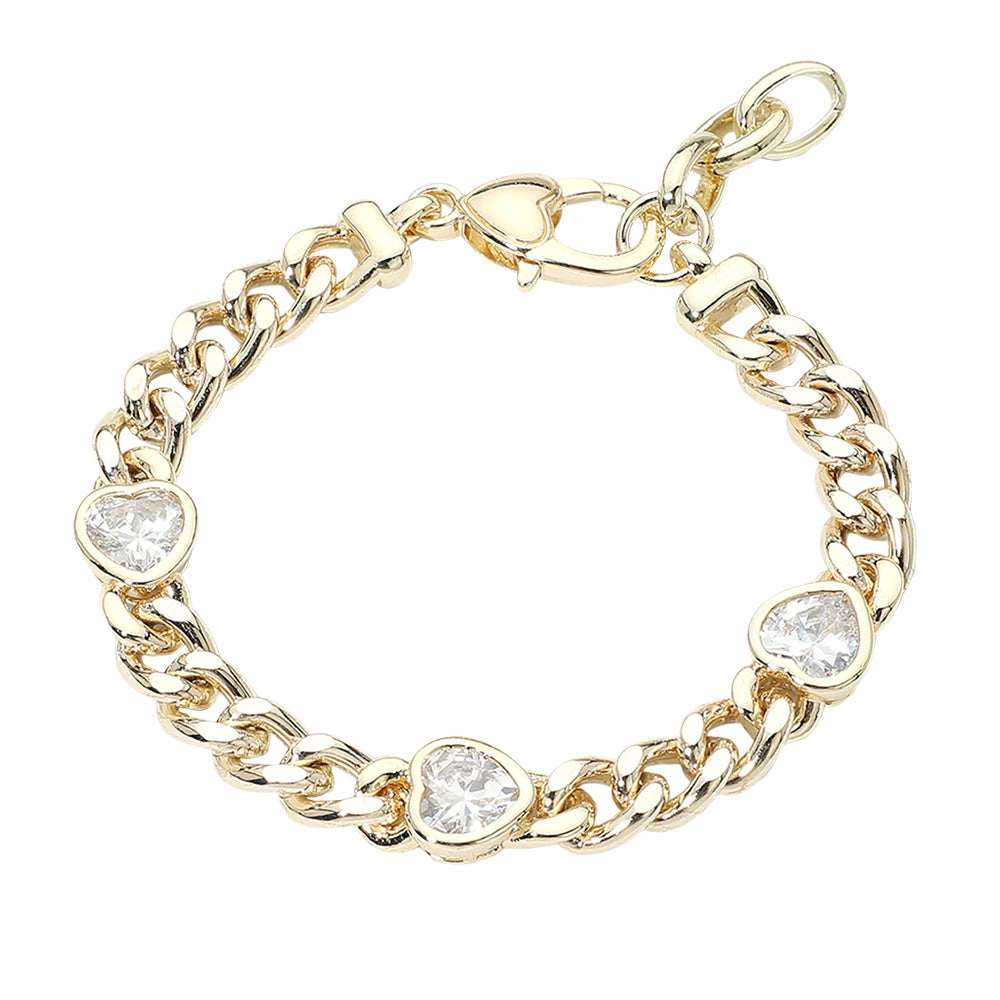 14K Gold Plated Heart CZ Gem Station Cuban Chain Bracelet M H W ACCESSORIES LLC 14K Gold Plated Heart CZ Gem Station Cuban Chain Bracelet