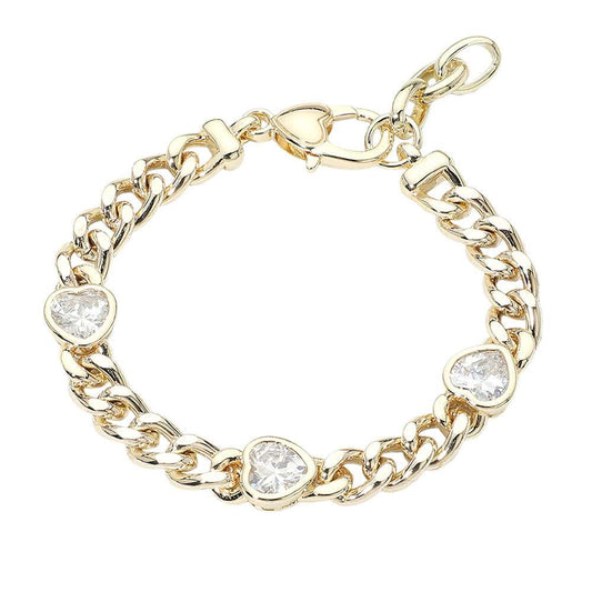 14K Gold Plated Heart CZ Gem Station Cuban Chain Bracelet M H W ACCESSORIES LLC 14K Gold Plated Heart CZ Gem Station Cuban Chain Bracelet