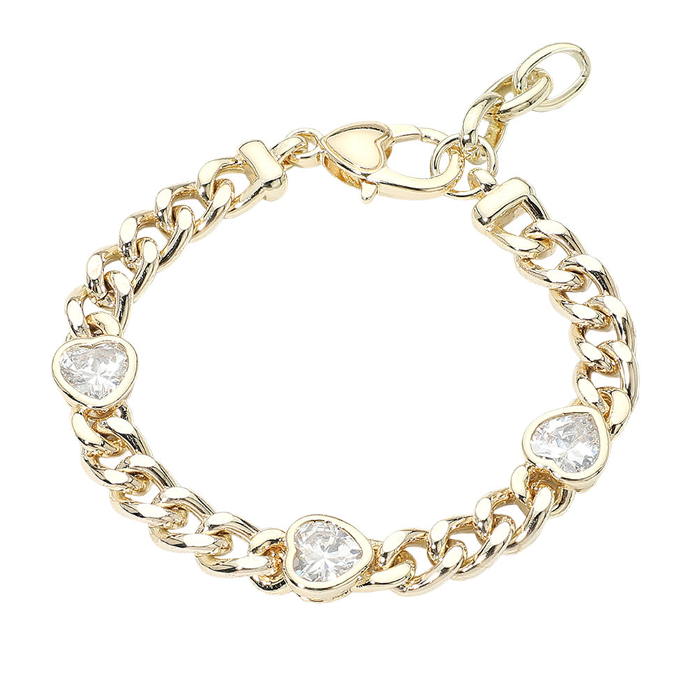 14K Gold Plated Heart CZ Gem Station Cuban Chain Bracelet M H W ACCESSORIES LLC 14K Gold Plated Heart CZ Gem Station Cuban Chain Bracelet