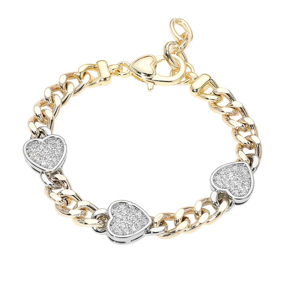 14K Gold Plated Heart CZ Pave Bezel Station Chunky Curb Chain Bracelet M H W ACCESSORIES LLC 14K Gold Plated Heart CZ Pave Bezel Station Chunky Curb Chain Bracelet