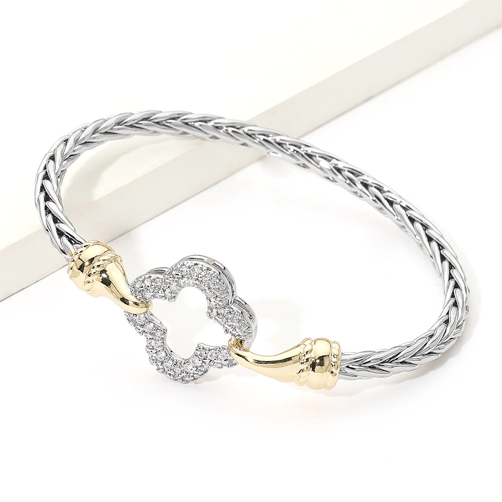 14K Gold Plated Two Tone CZ Pave Open Quatrefoil Accent Braided Bangle Bracelet M H W ACCESSORIES LLC 14K Gold Plated Two Tone CZ Pave Open Quatrefoil Accent Braided Bangle Bracelet