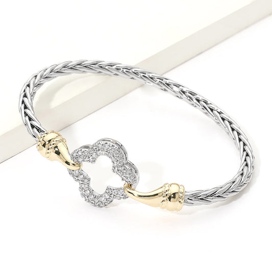 14K Gold Plated Two Tone CZ Pave Open Quatrefoil Accent Braided Bangle Bracelet M H W ACCESSORIES LLC 14K Gold Plated Two Tone CZ Pave Open Quatrefoil Accent Braided Bangle Bracelet
