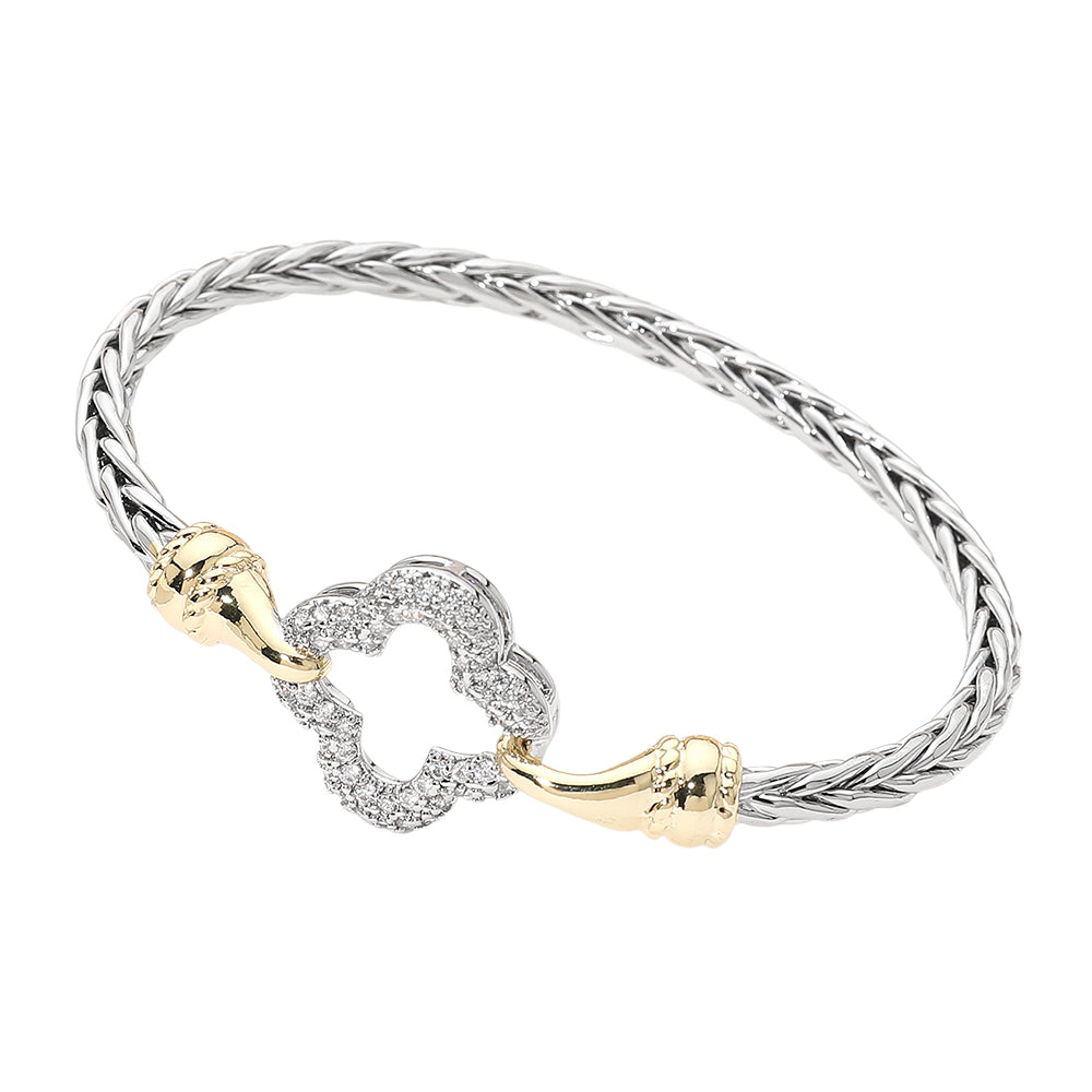 14K Gold Plated Two Tone CZ Pave Open Quatrefoil Accent Braided Bangle Bracelet M H W ACCESSORIES LLC 14K Gold Plated Two Tone CZ Pave Open Quatrefoil Accent Braided Bangle Bracelet