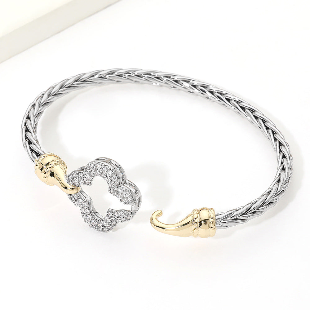 14K Gold Plated Two Tone CZ Pave Open Quatrefoil Accent Braided Bangle Bracelet M H W ACCESSORIES LLC 14K Gold Plated Two Tone CZ Pave Open Quatrefoil Accent Braided Bangle Bracelet