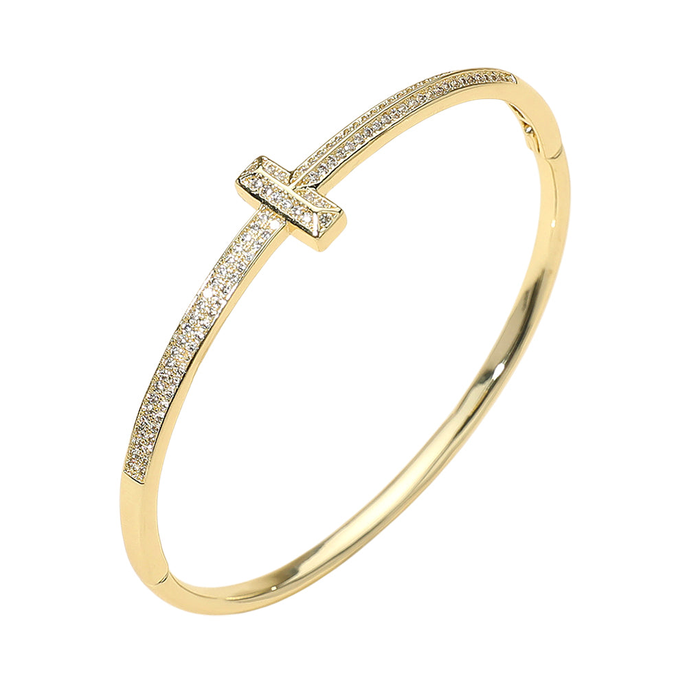 Gold Plated CZ Stone Paved T-bar Hinged Bangle Bracelet