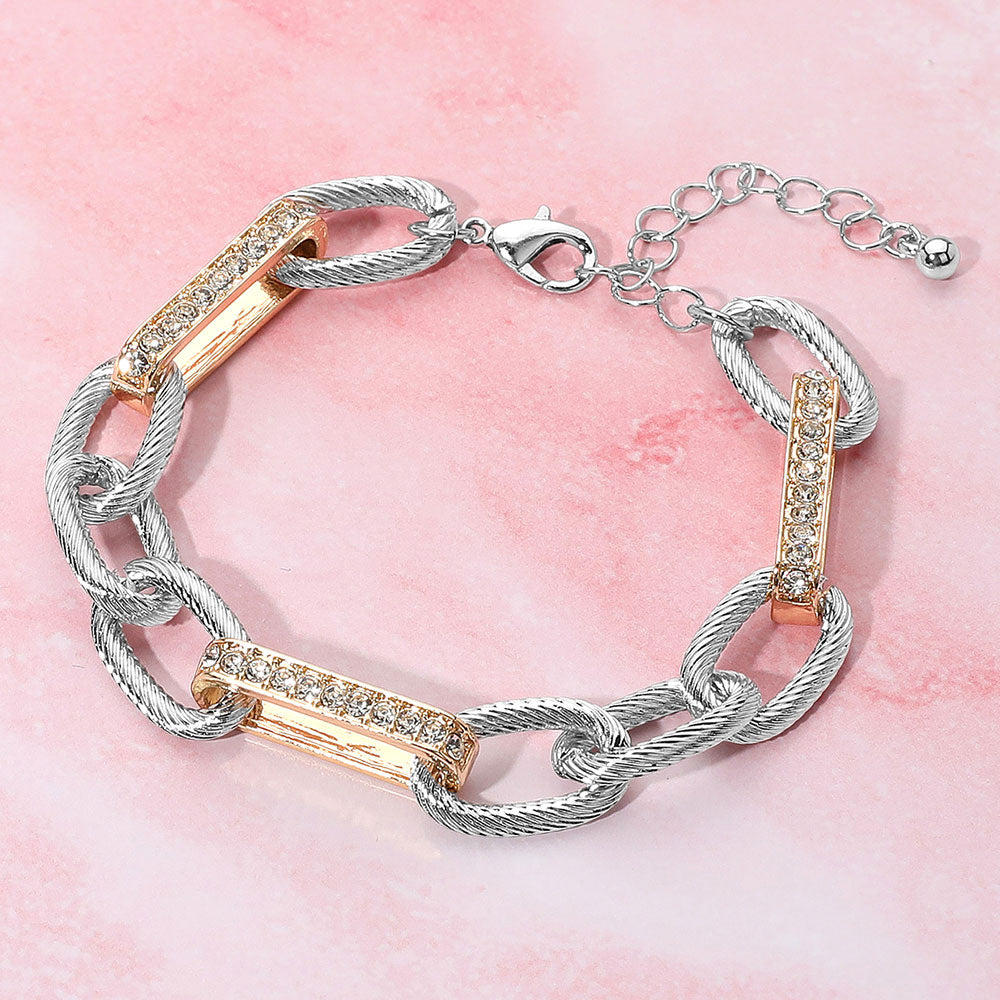 Paved Two Tone Textured Metal Link Chain Bracelet
