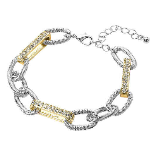 Paved Two Tone Textured Metal Link Chain Bracelet