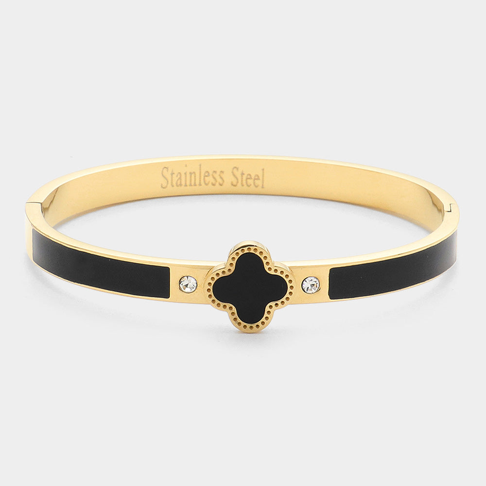Black Gold Quatrefoil Pointed Stainless Steel Hinged Bracelet - M H W ACCESSORIES LLC