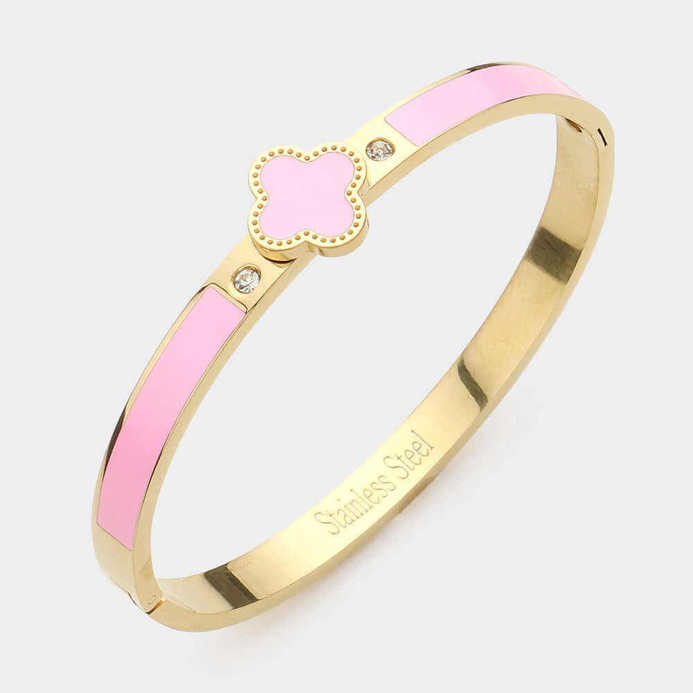 Pink & Gold Quatrefoil Pointed Stainless Steel Hinged Bracelet - M H W ACCESSORIES LLC