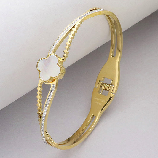 Mother Of Pearl Quatrefoil Pointed Stone Paved Gold Stainless Steel Hinged Bangle Bracelet - M H W ACCESSORIES LLC