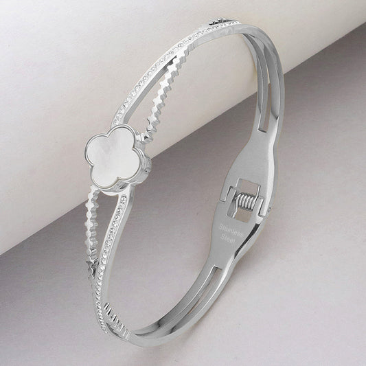 Mother Of Pearl Quatrefoil Pointed White Gold Stainless Steel Hinged Bangle Bracelet (Copy) - M H W ACCESSORIES LLC