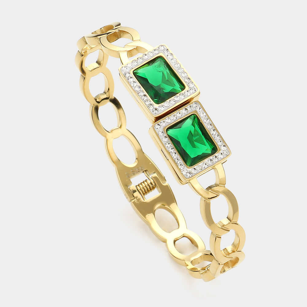 Green Stone Square Gold Stainless Steel Hinged Bangle Bracelet