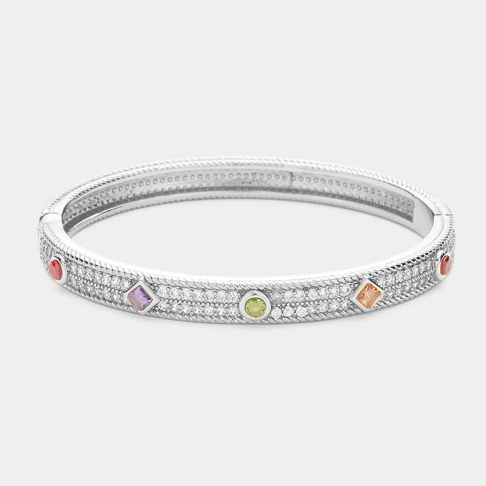 Silver Multi Colored Stone Pointed Rhinestone Paved Hinged Bangle Bracelet - M H W ACCESSORIES LLC