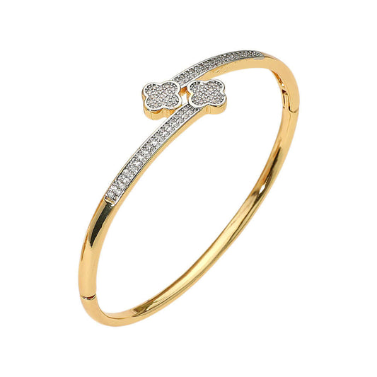Rhinestone Pave Quatrefoil Tip End Wrapped Hinged Bangle Bracelet