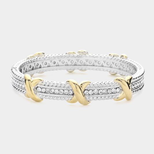 Silver Paved Two Tone Crisscross Bangle Bracelet - M H W ACCESSORIES LLC