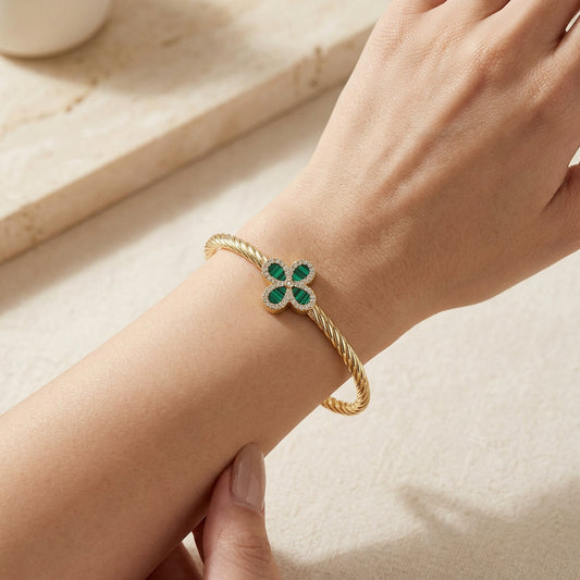 14K Gold Plated CZ Pave Rim Floral Accent Twisted Cable Hinged Bangle Bracelet M H W ACCESSORIES LLC 14K Gold Plated CZ Pave Rim Floral Accent Twisted Cable Hinged Bangle Bracelet