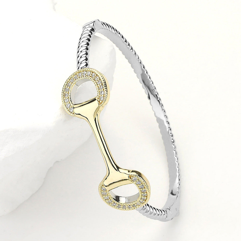 Two Tone CZ Stone Paved Horsebit Accented Hinged Bangle Bracelet M H W ACCESSORIES LLC Two Tone CZ Stone Paved Horsebit Accented Hinged Bangle Bracelet