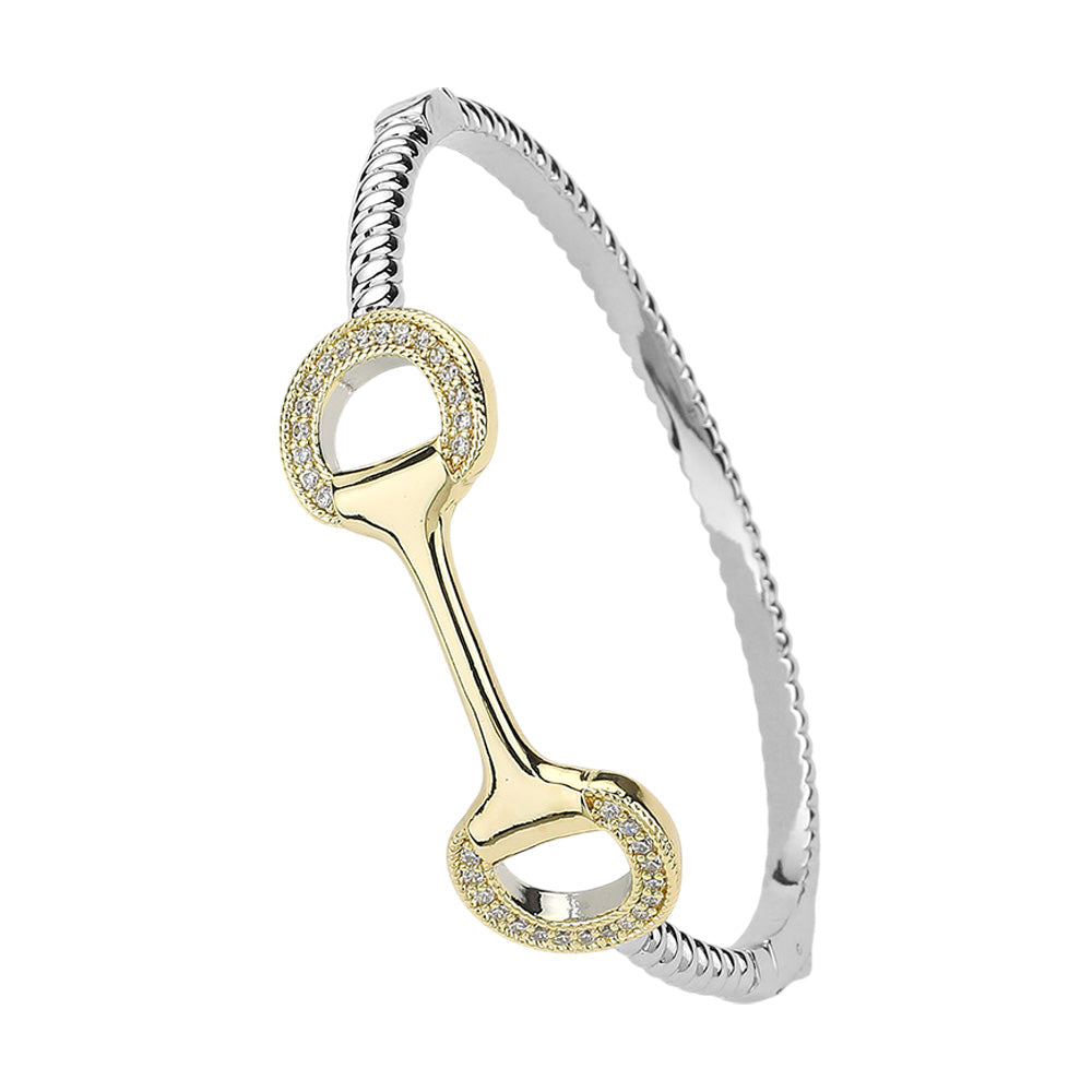 Two Tone CZ Stone Paved Horsebit Accented Hinged Bangle Bracelet M H W ACCESSORIES LLC Two Tone CZ Stone Paved Horsebit Accented Hinged Bangle Bracelet
