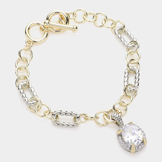 Oval CZ Stone Charm Pointed 14K Gold Plated Two Tone Chain Bracelet - M H W ACCESSORIES LLC