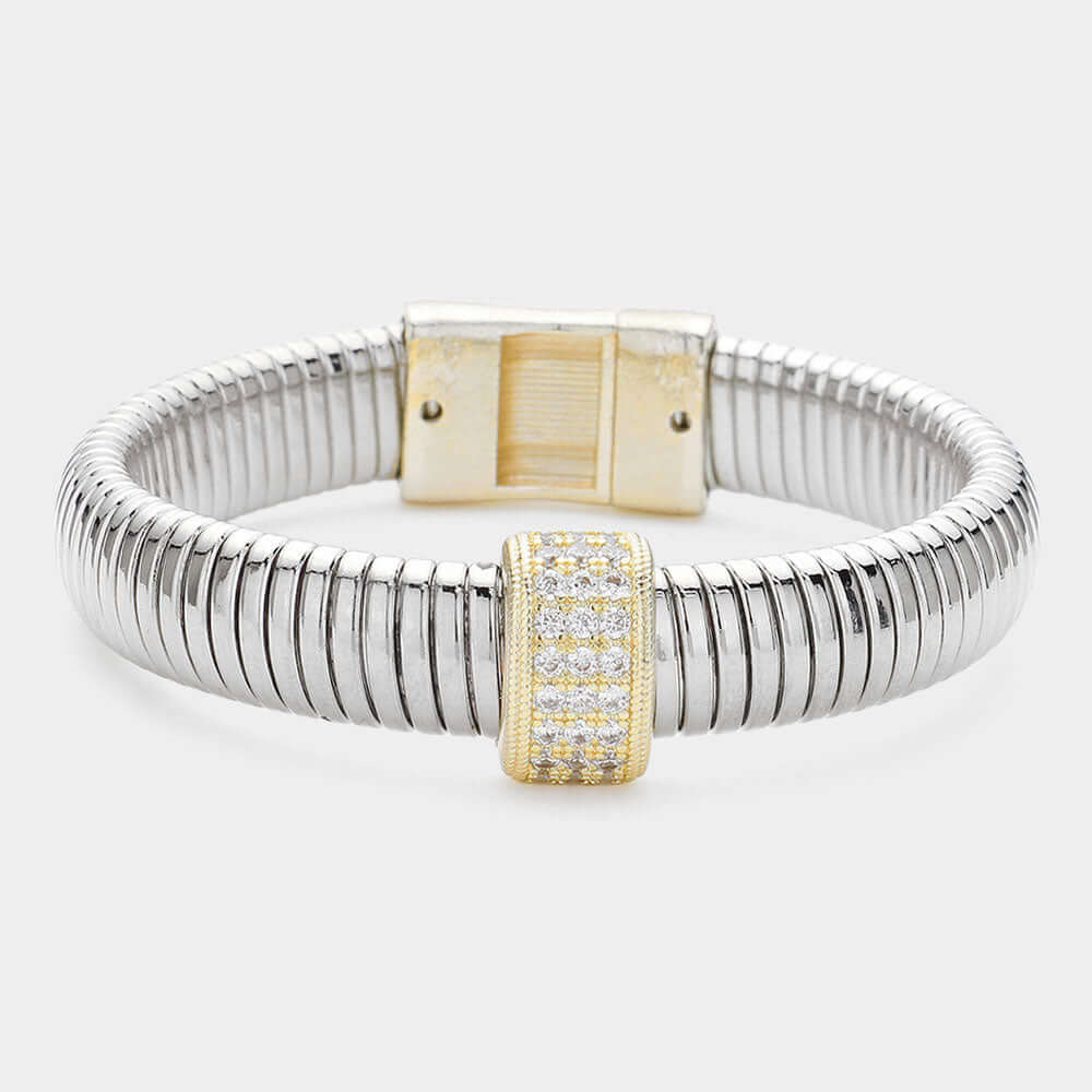 CZ Stone Paved Pointed Two Tone Coil Bangle Bracelet